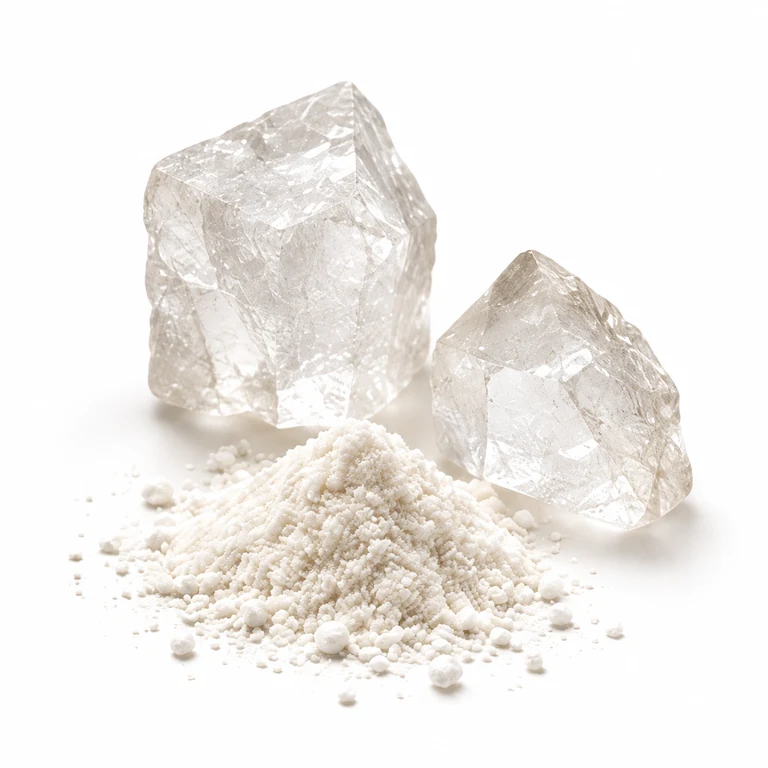 Alum crystals beside milled powder